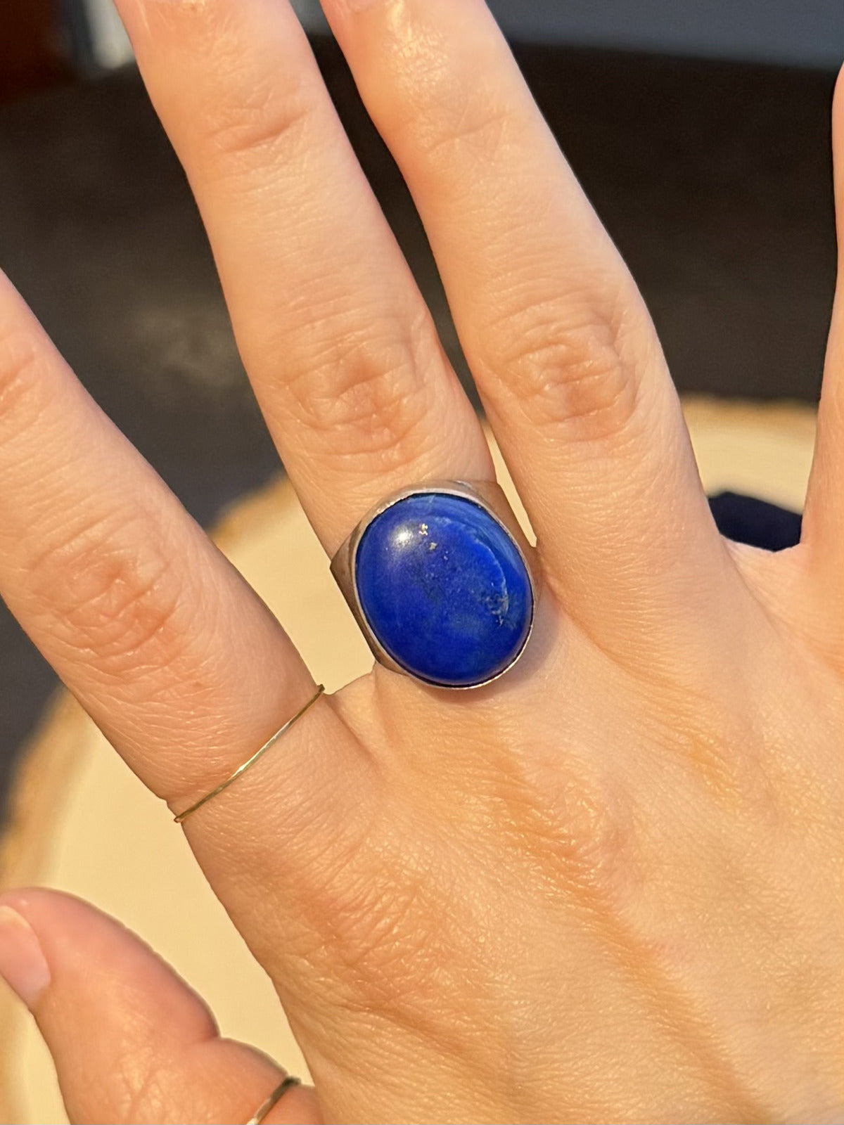 1970s Midcentury Sterling Silver Lapis Lazuli Modernist Statement Ring US 6.5