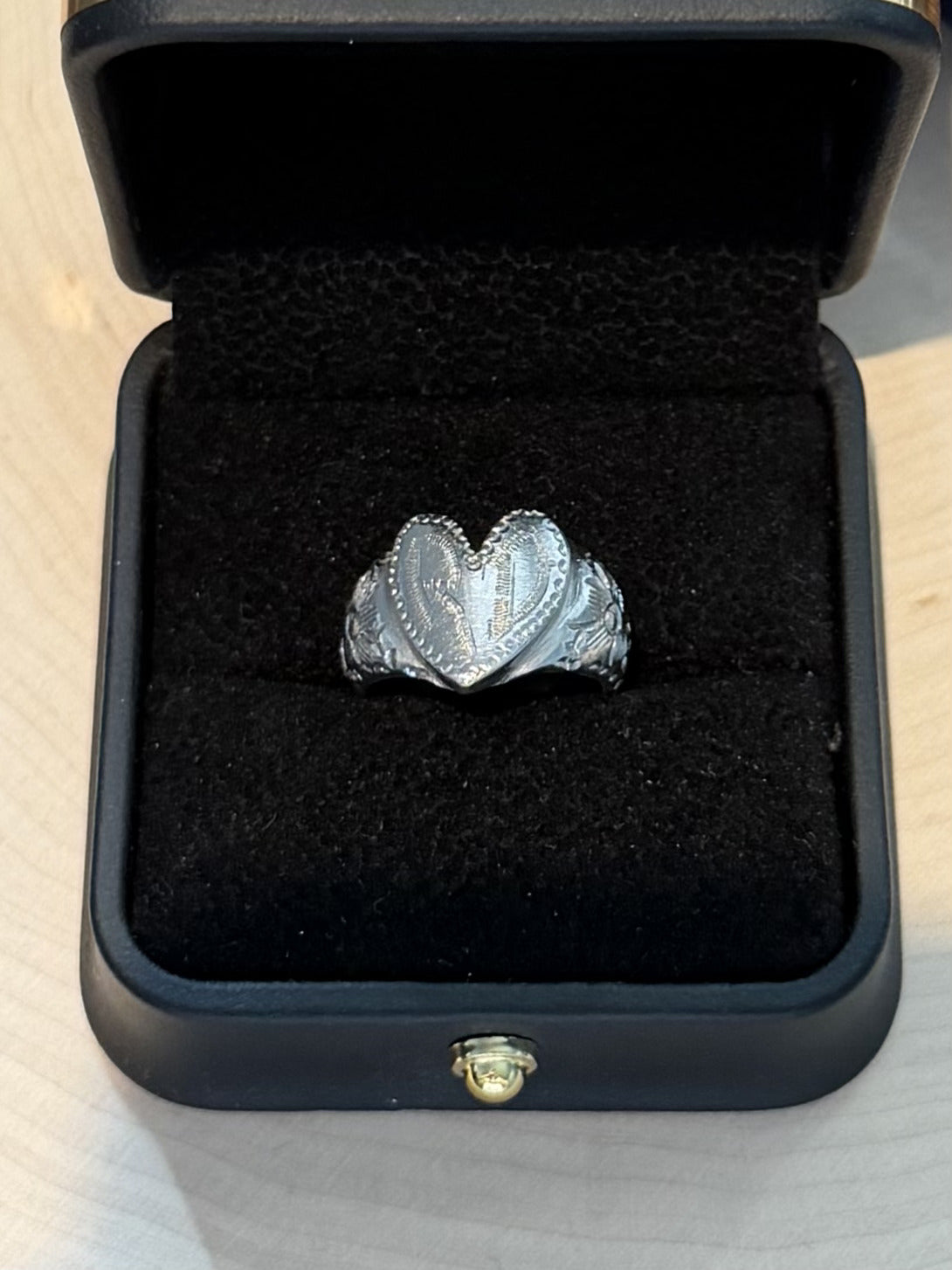 1940s WWII Era Trench Art Silver Tone Steel Engraved RD Sweetheart Ring US 5