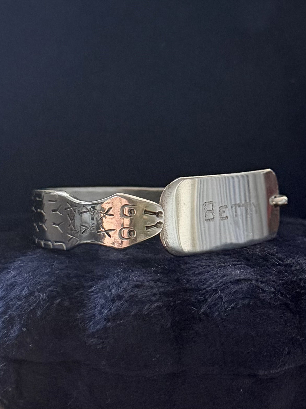 1940s WWII Trench Art Silver Tone Steel Snake Engraved BETTY Sweetheart Bracelet