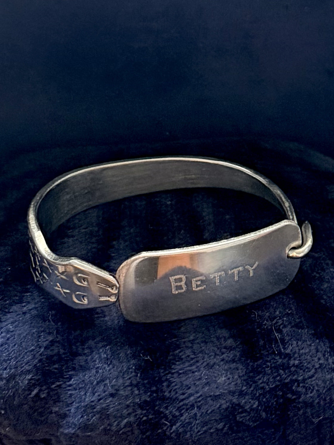 1940s WWII Trench Art Silver Tone Steel Snake Engraved BETTY Sweetheart Bracelet