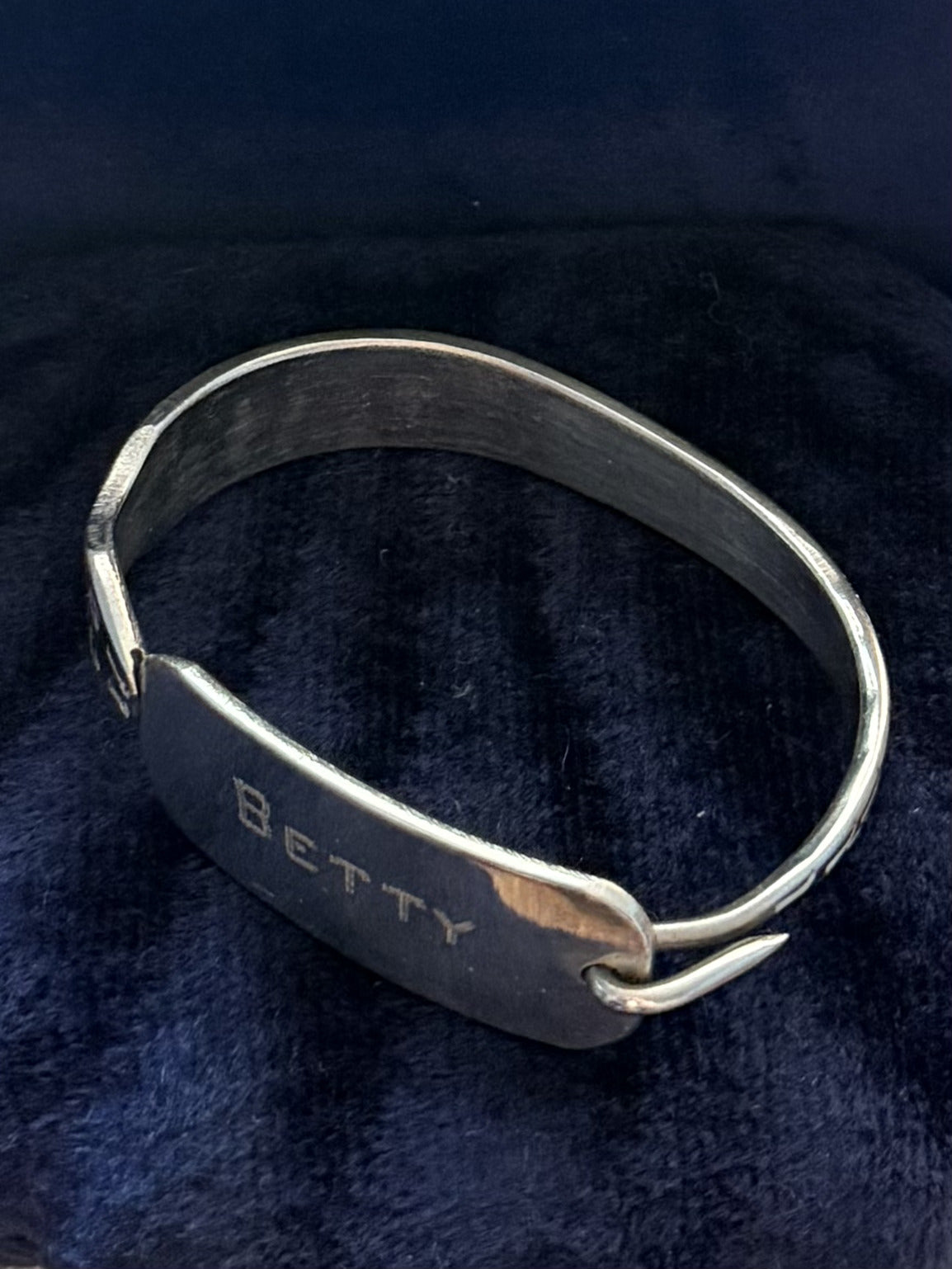 1940s WWII Trench Art Silver Tone Steel Snake Engraved BETTY Sweetheart Bracelet