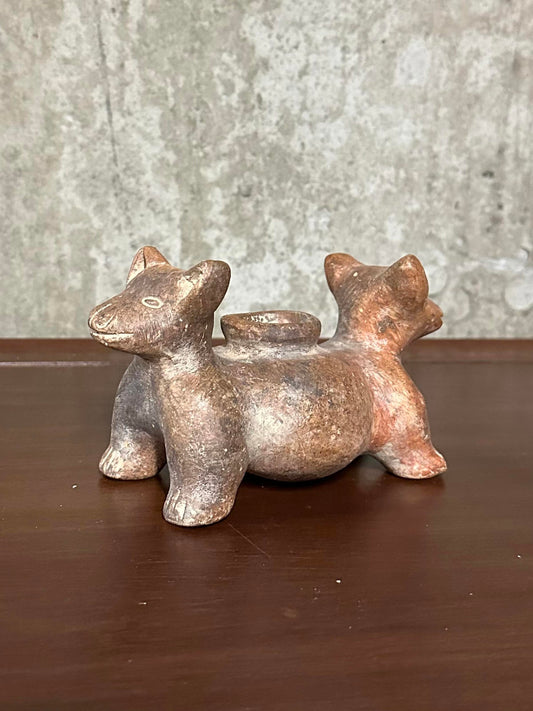 Vintage Clay Double Headed Colima Dog Vessel Pre Columbian Style Pottery