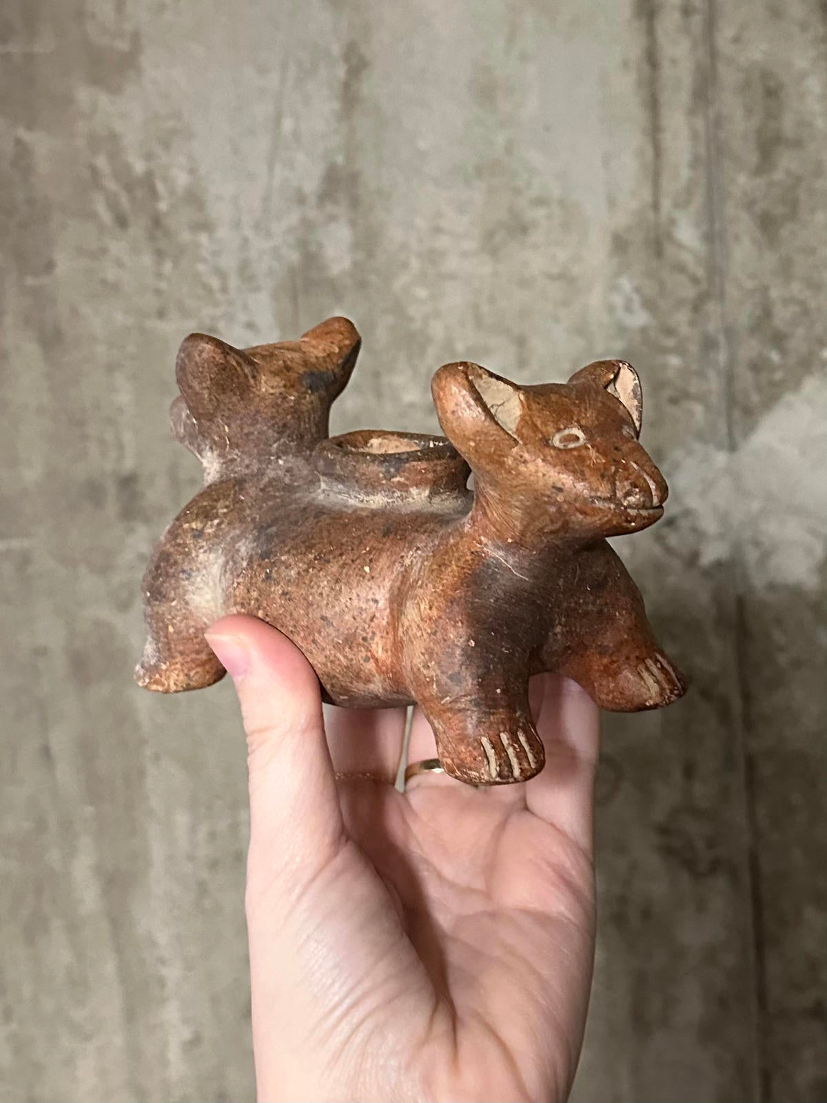 Vintage Clay Double Headed Colima Dog Vessel Pre Columbian Style Pottery