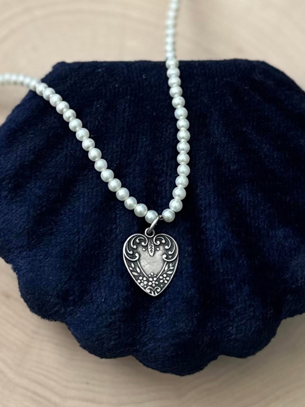 Vintage Sterling Silver Faux Pearl Floral Repousse Heart Pendant Necklace