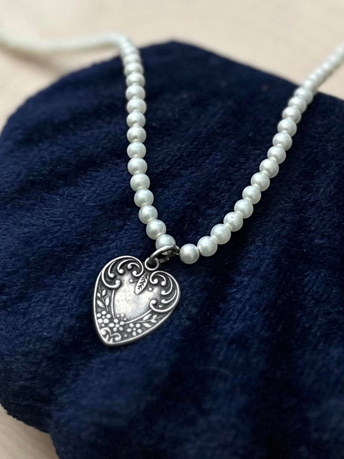 Vintage Sterling Silver Faux Pearl Floral Repousse Heart Pendant Necklace