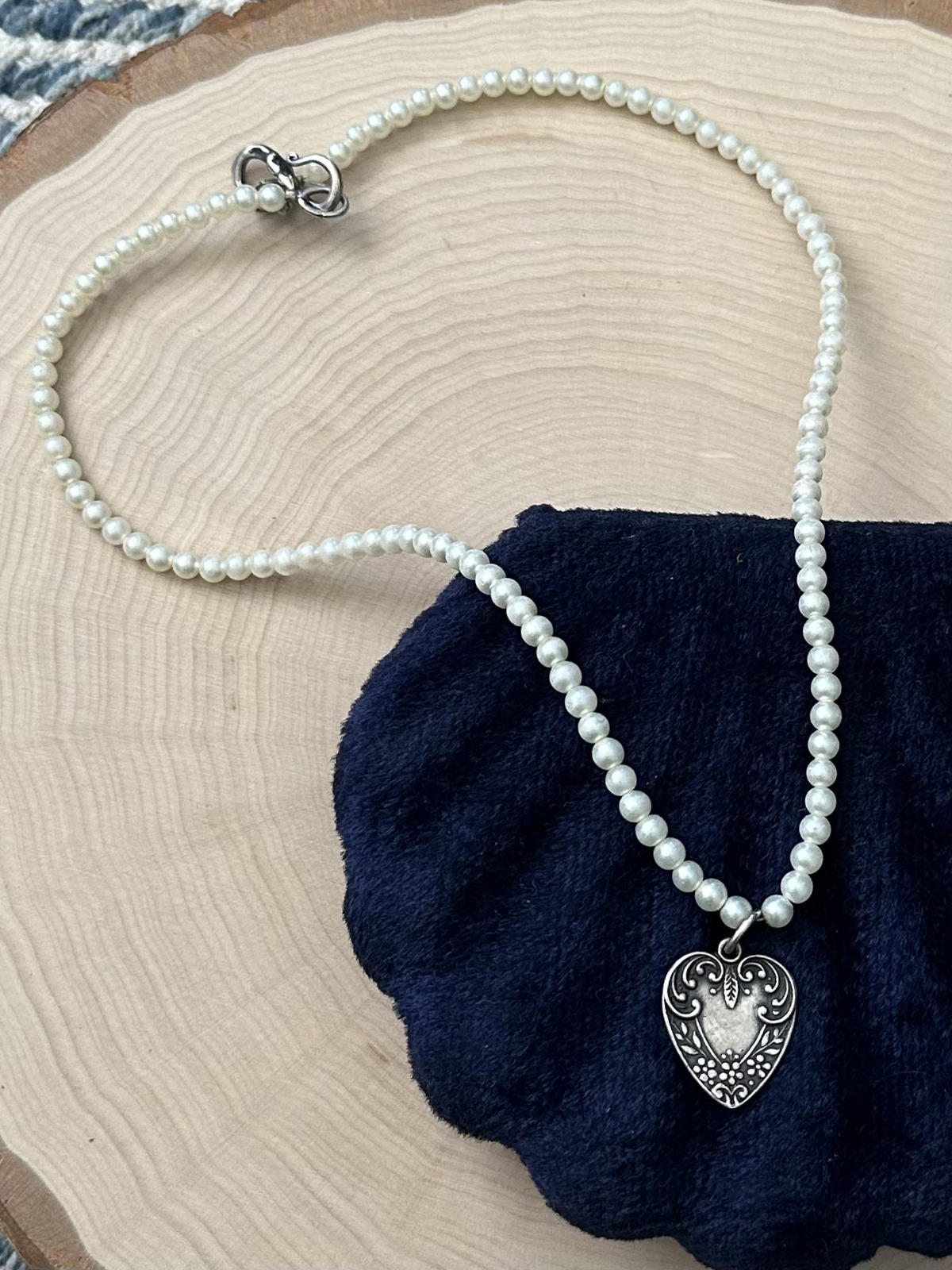 Vintage Sterling Silver Faux Pearl Floral Repousse Heart Pendant Necklace