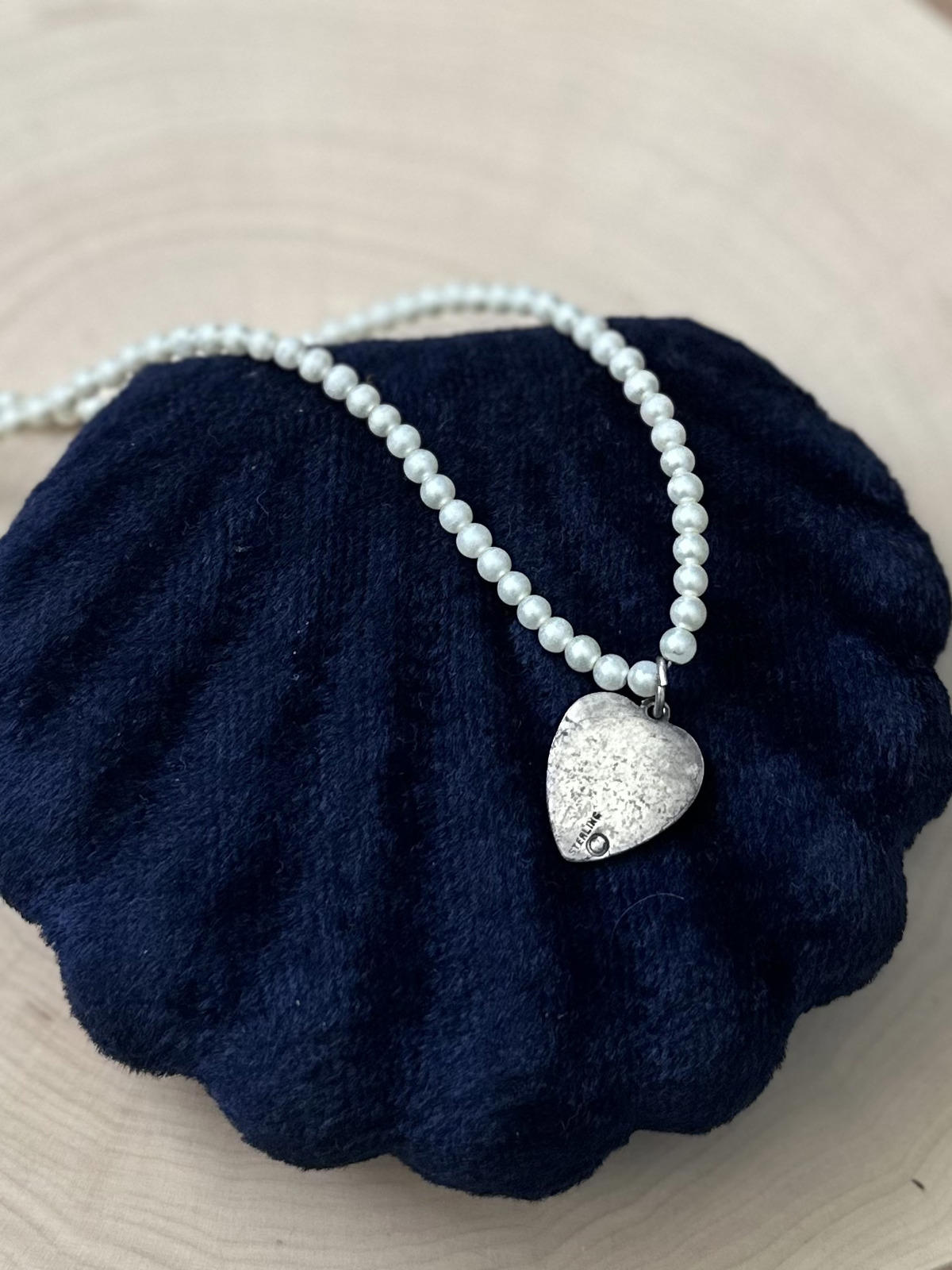 Vintage Sterling Silver Faux Pearl Floral Repousse Heart Pendant Necklace