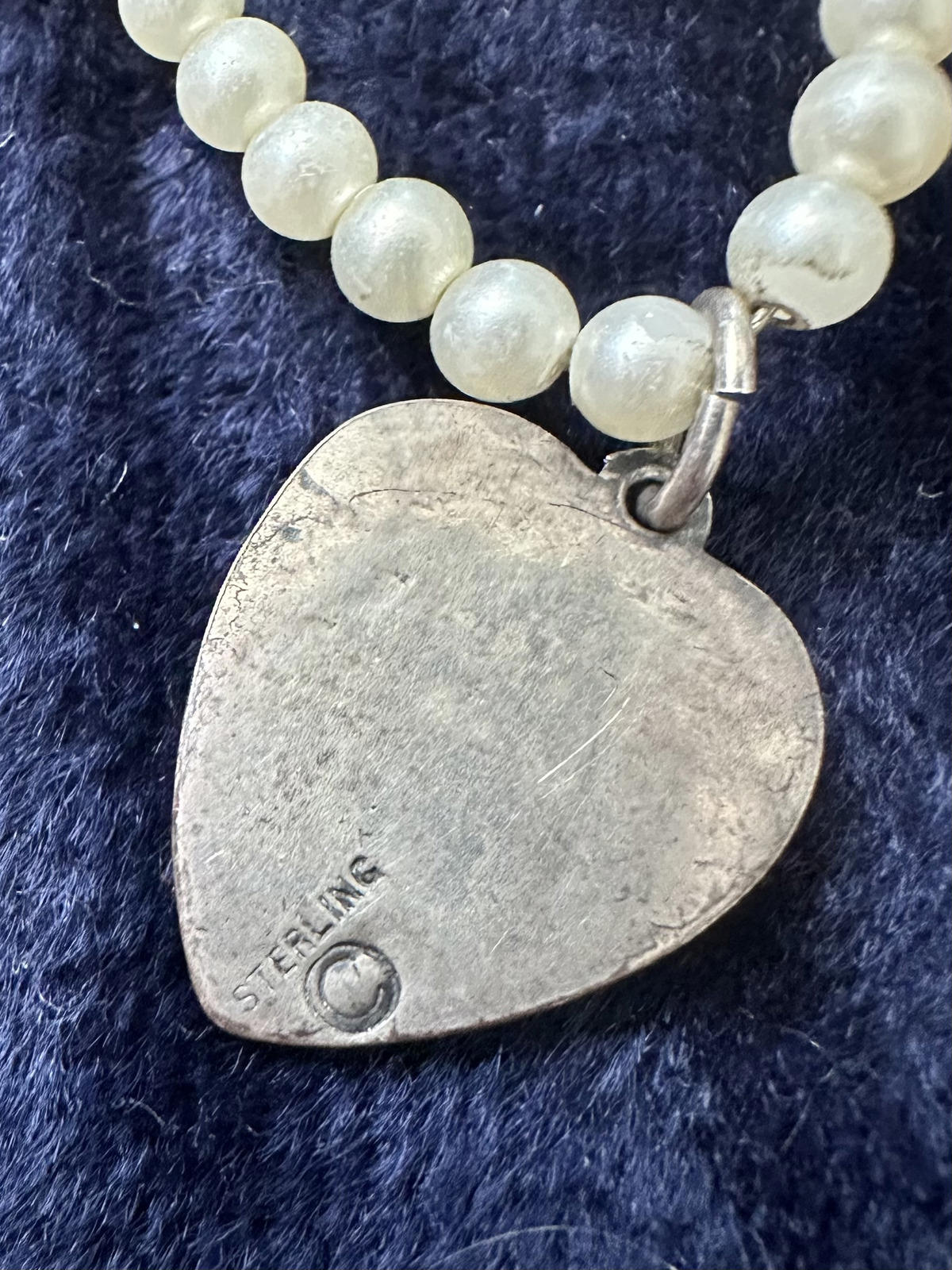 Vintage Sterling Silver Faux Pearl Floral Repousse Heart Pendant Necklace