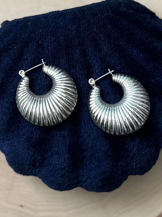 Vintage Chunky Sterling Silver Ribbed Hoop Earrings
