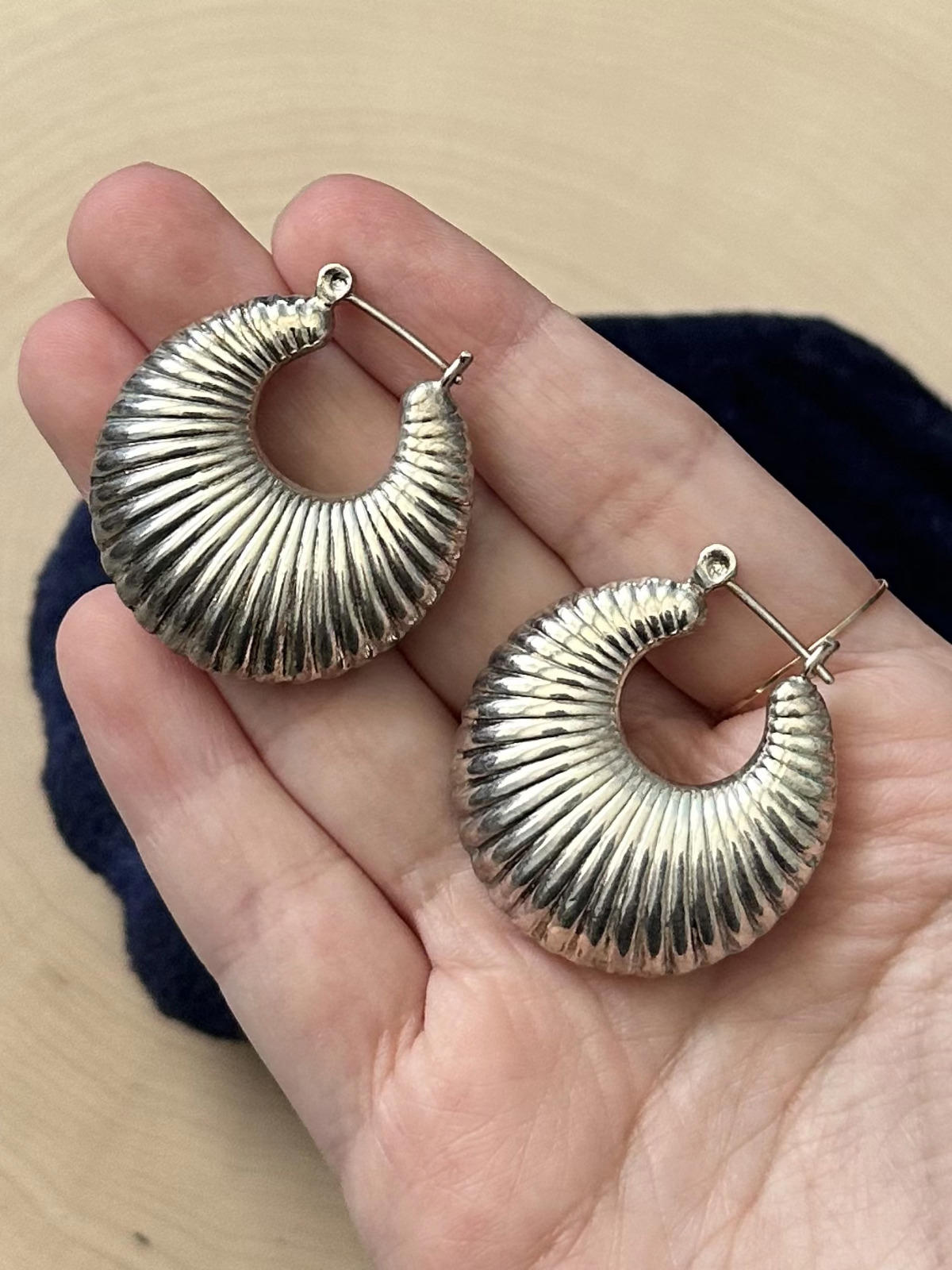 Vintage Chunky Sterling Silver Ribbed Hoop Earrings
