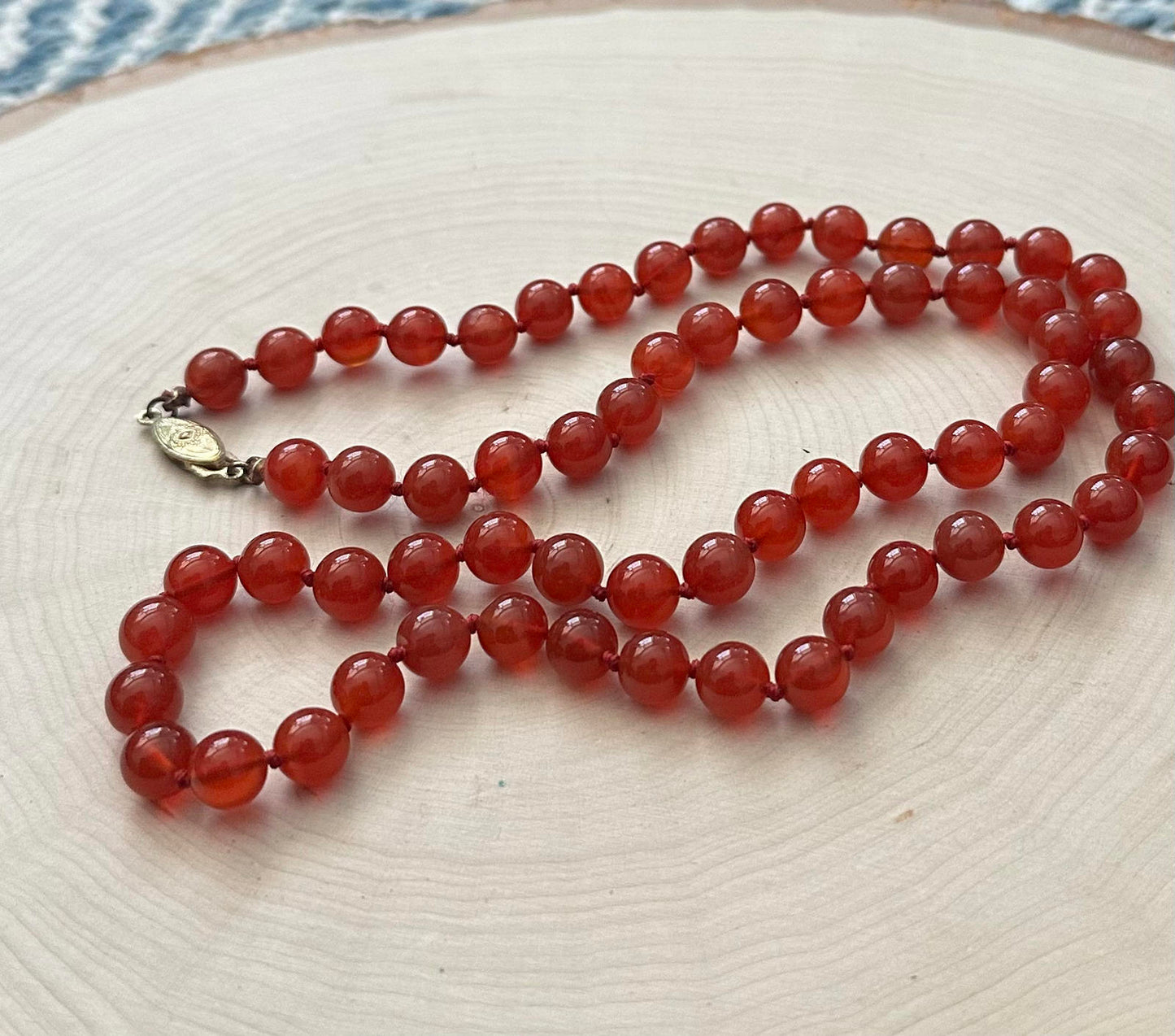 Vintage Midcentury Hand Knotted Genuine Carnelian Beaded Necklace Fish Hook 23.5