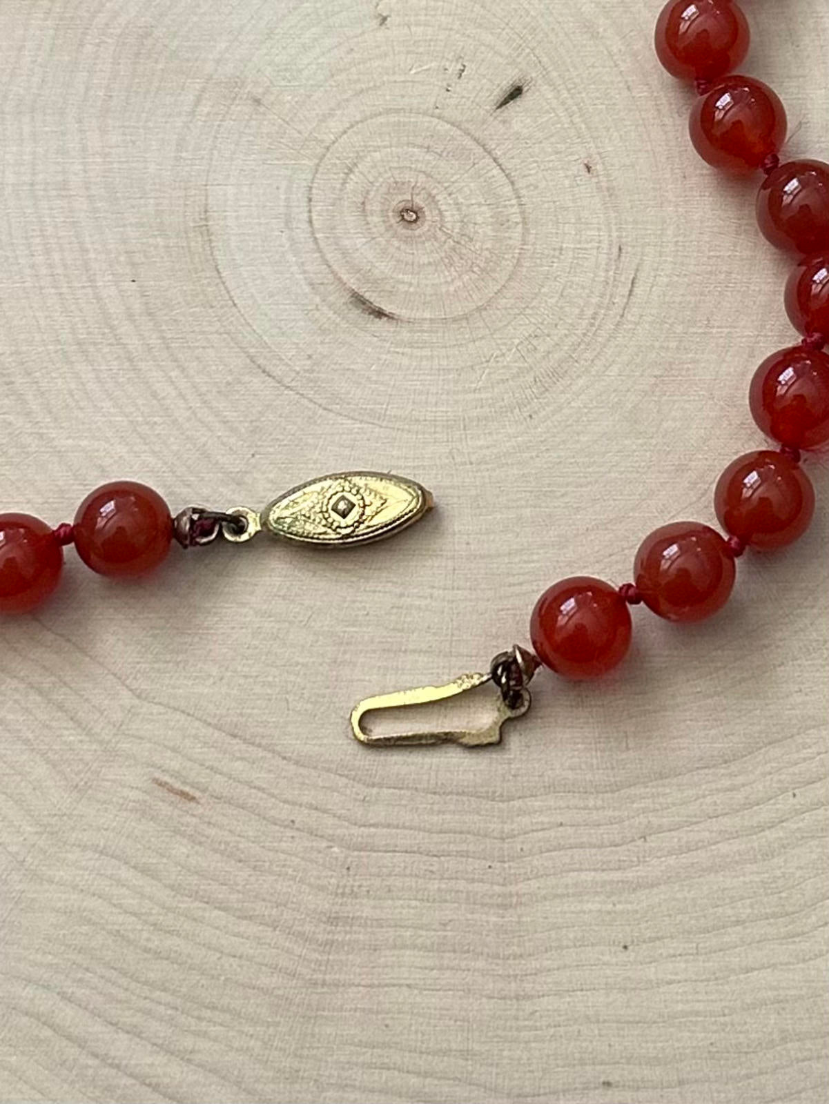 Vintage Midcentury Hand Knotted Genuine Carnelian Beaded Necklace Fish Hook 23.5