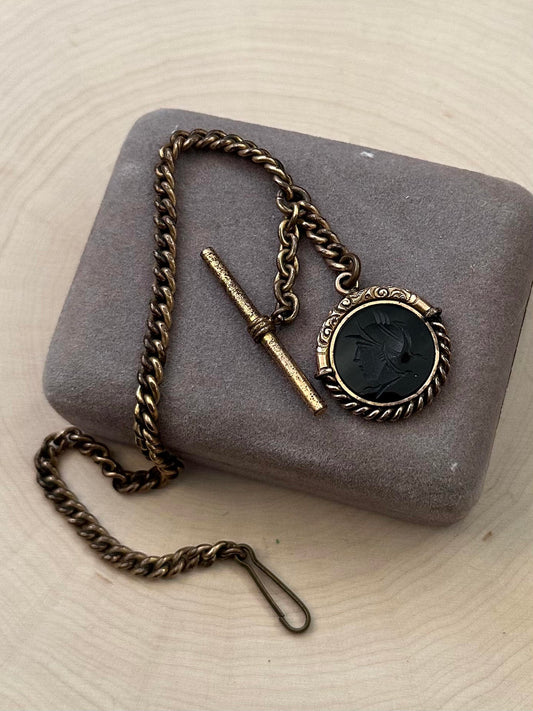 Antique Victorian Gold Filled Carved Roman Soldier Intaglio Sardonyx Watch Fob Chain
