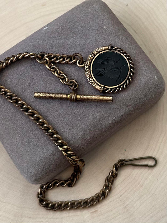 Antique Victorian Gold Filled Carved Roman Soldier Intaglio Sardonyx Watch Fob Chain