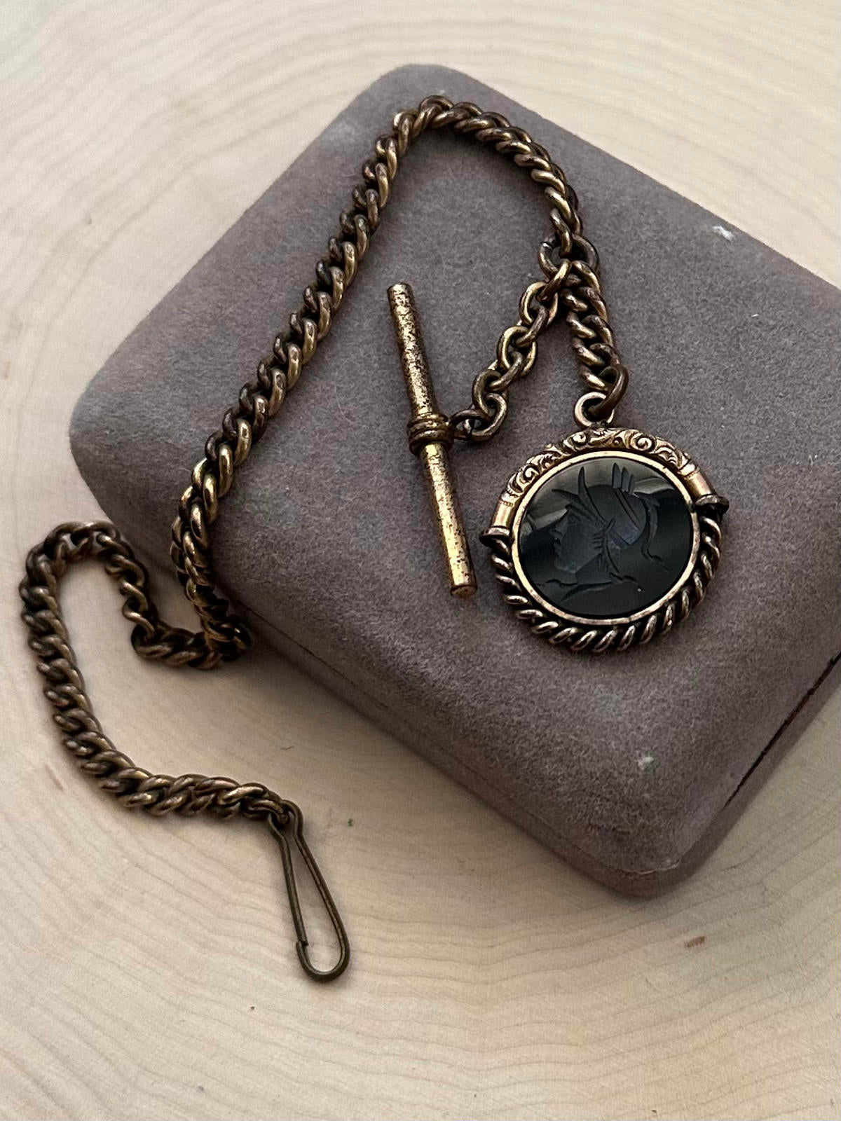 Antique Victorian Gold Filled Carved Roman Soldier Intaglio Sardonyx Watch Fob Chain
