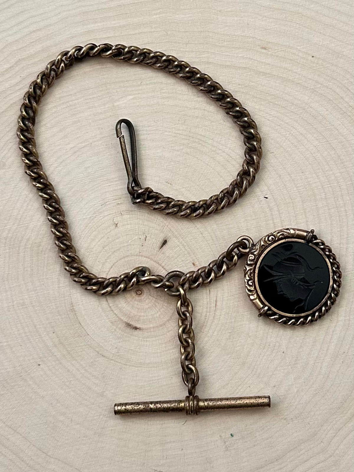 Antique Victorian Gold Filled Carved Roman Soldier Intaglio Sardonyx Watch Fob Chain