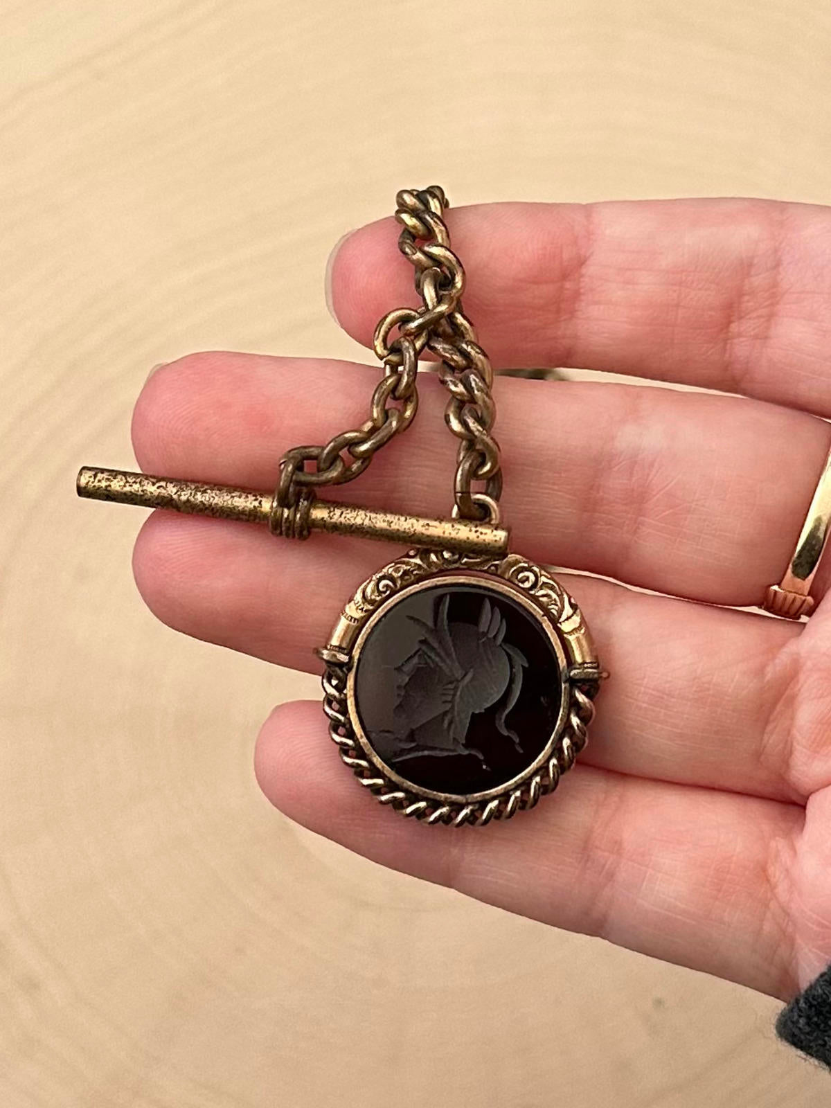 Antique Victorian Gold Filled Carved Roman Soldier Intaglio Sardonyx Watch Fob Chain