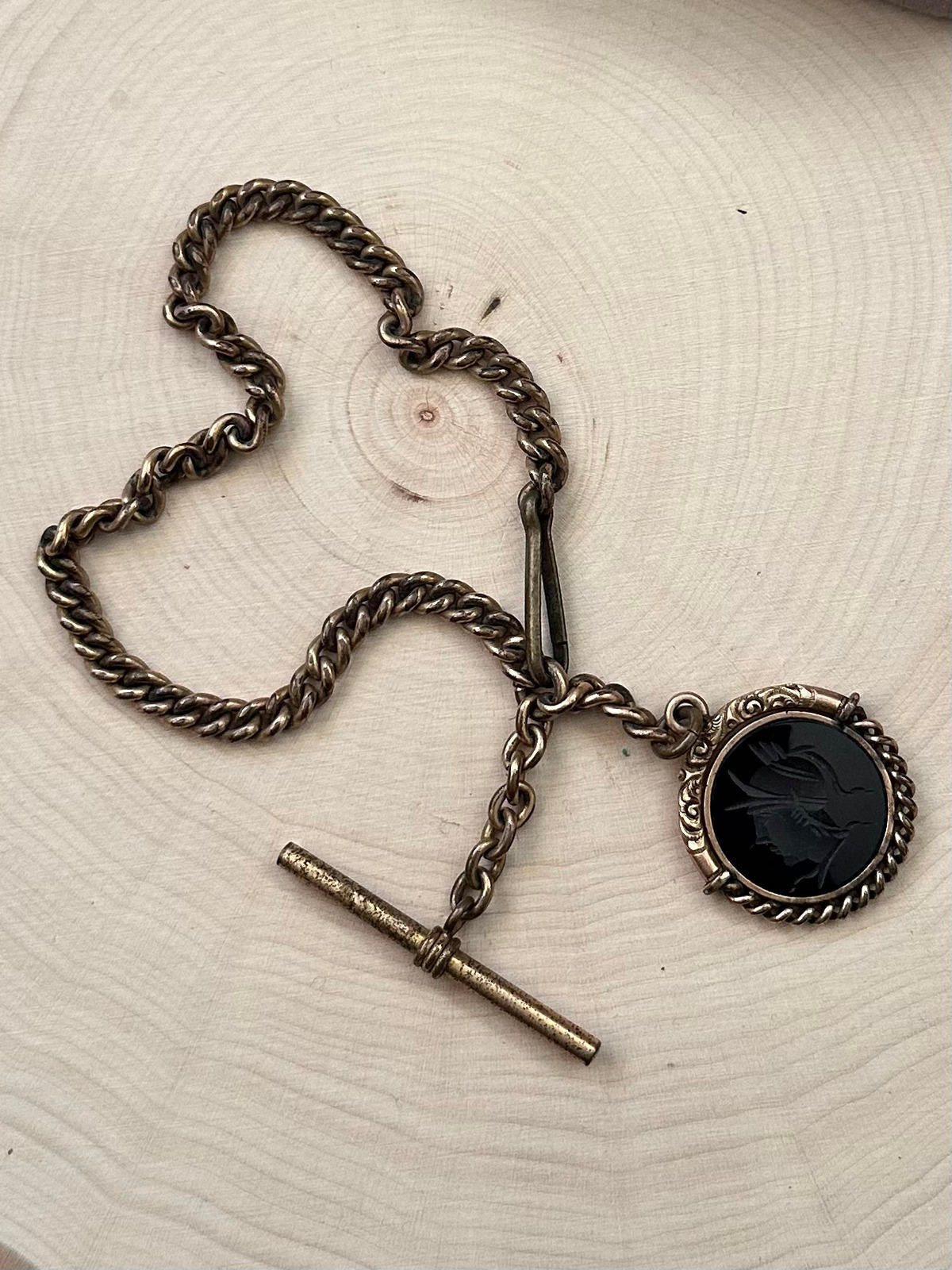 Antique Victorian Gold Filled Carved Roman Soldier Intaglio Sardonyx Watch Fob Chain