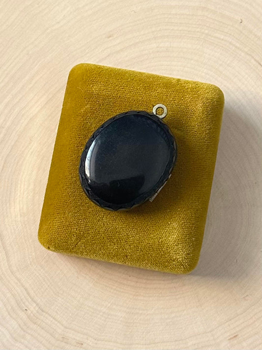 Antique 1870s Victorian Era Oval Whitby Jet Carved Edge Mourning Locket