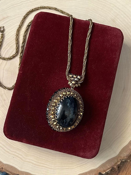 VTG 1960s Midcentury Double Sided Faux Cabochon & Rhinestone Statement Necklace