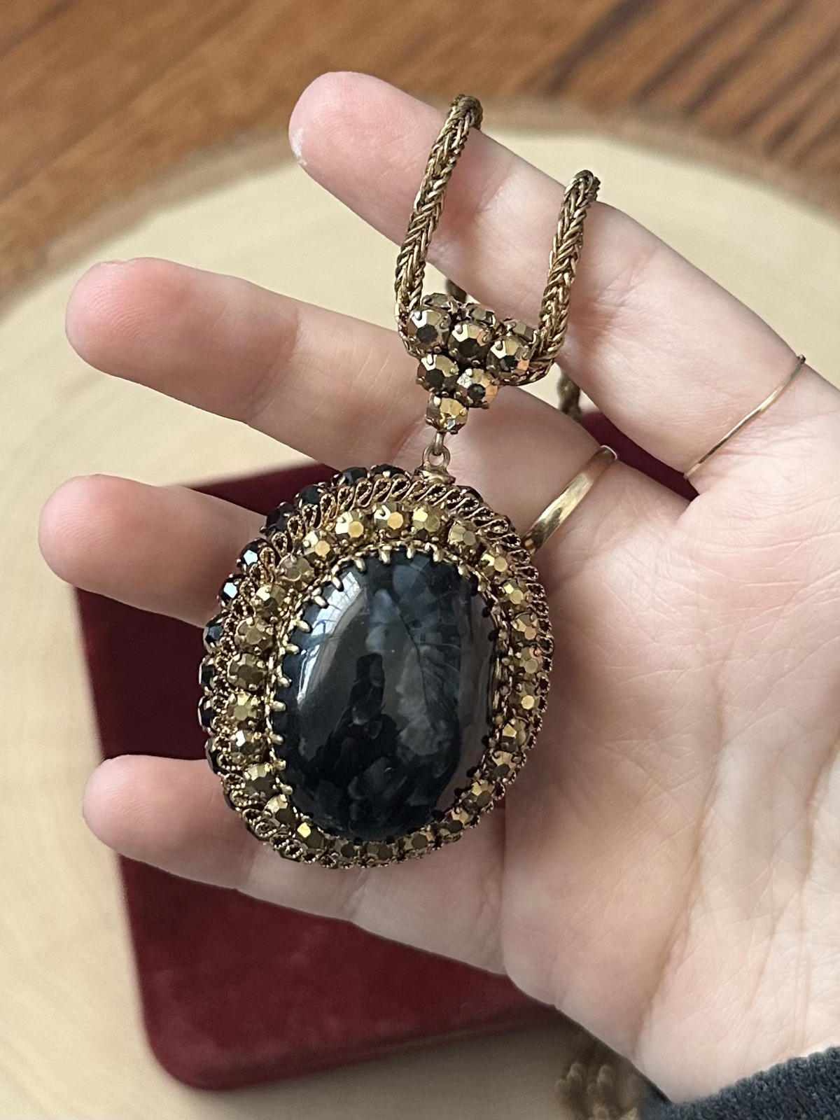 VTG 1960s Midcentury Double Sided Faux Cabochon & Rhinestone Statement Necklace