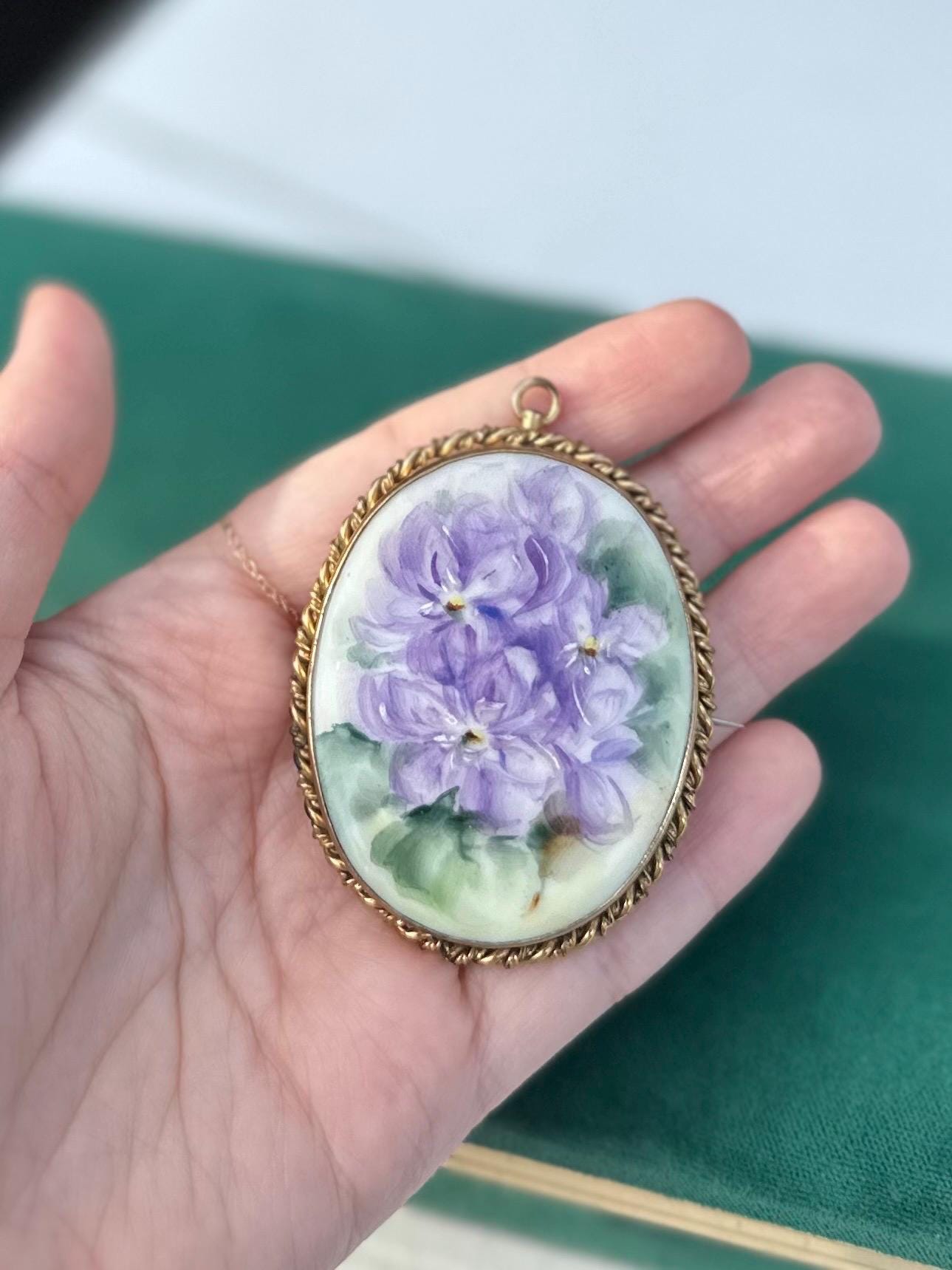 Antique Victorian Handpainted Floral African Violets Porcelain Gold Tone Brooch or Pendant C-Clasp