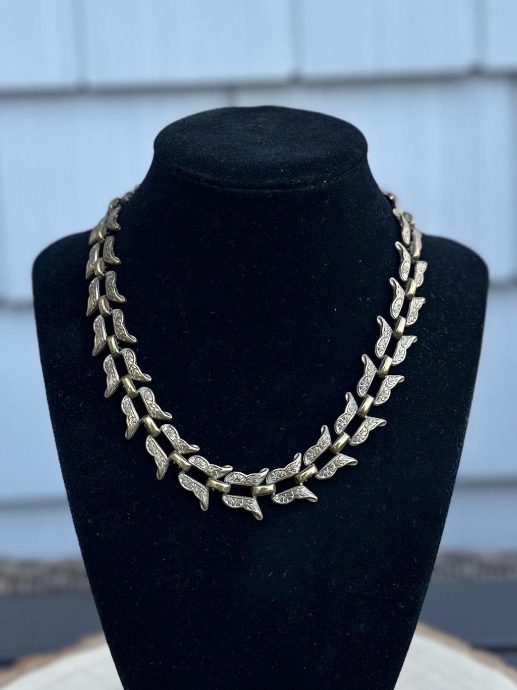 Vintage 1940s 1950s Signed BY MARINO Bronze Tone Floral Etched Link Chain Necklace RARE Midcentury 15.75”