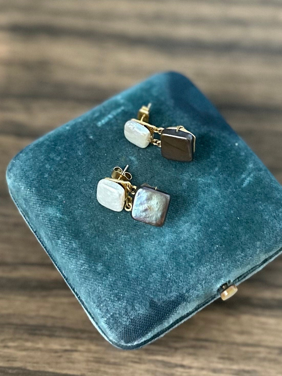 Baroque Style Square Mother of Pearl & Abalone Wire Wrapped Gold Tone Dangle Drop Earrings