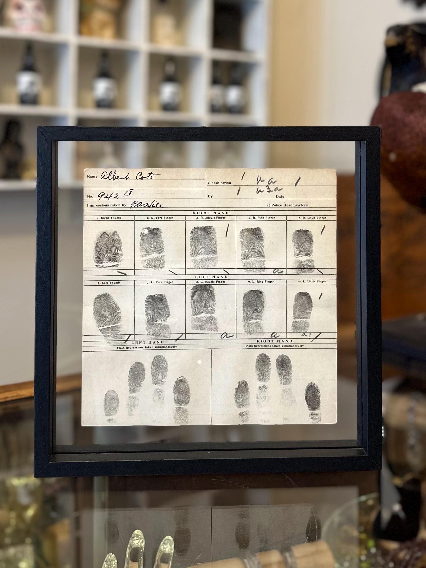 Double Sided Glass Framed Original Antique 1918 Bureau of Identification Mug Shot & Arrest Sheet for Albert Cote Burglary Westchester NY