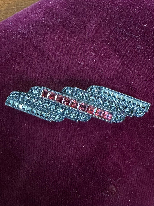 Vintage Signed Judith Jacket Sterling Silver Marcasite & Faceted Square Garnet Deco Style Bar Brooch