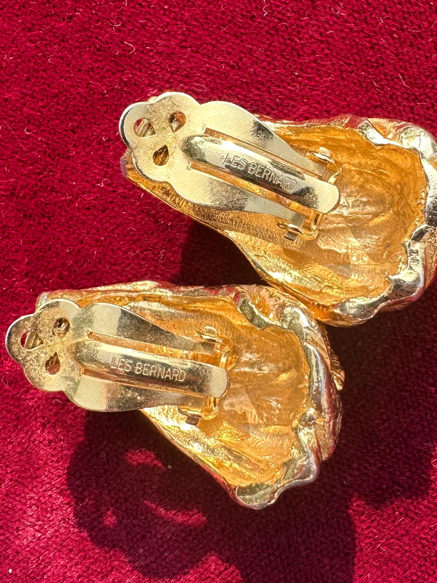 Vintage 1980s Signed LES BERNARD Brutalist Abstract Gold Tone Statement Clip-on Earrings