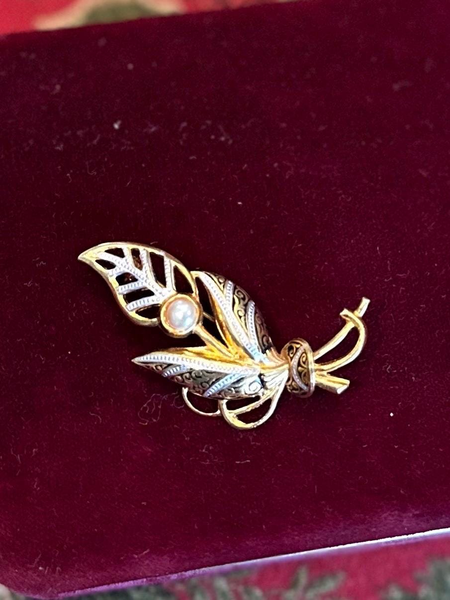 1970s Spanish Damascene Toledo Gold Tone Silver Tone & Black with Faux Pearl Brooch