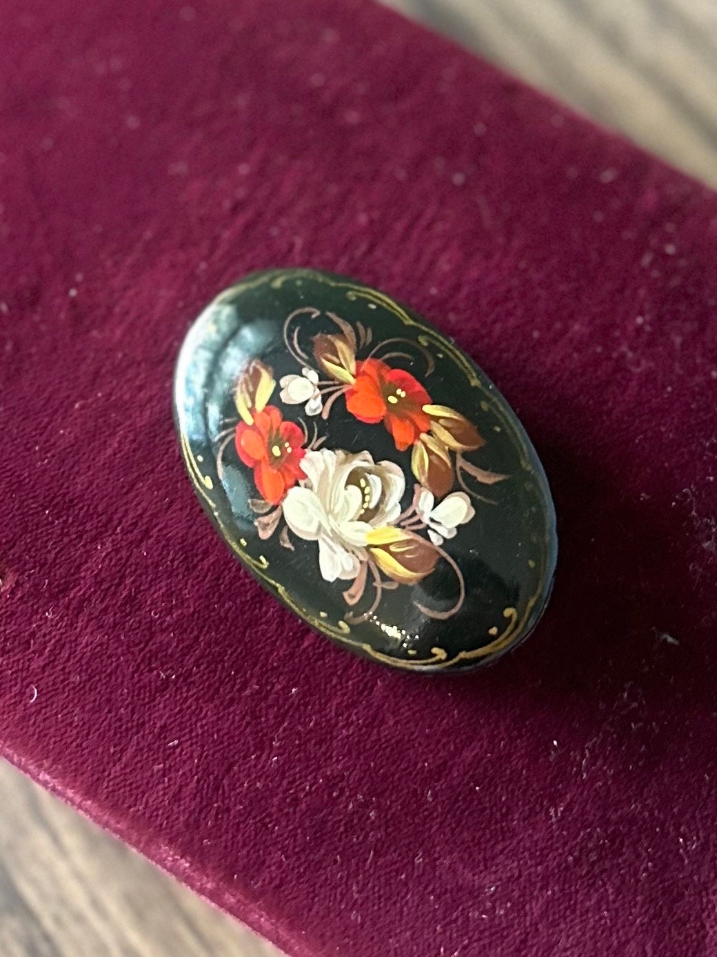 Vintage 1990s Russian Handpainted Lacquer Floral Oval Brooch Signed