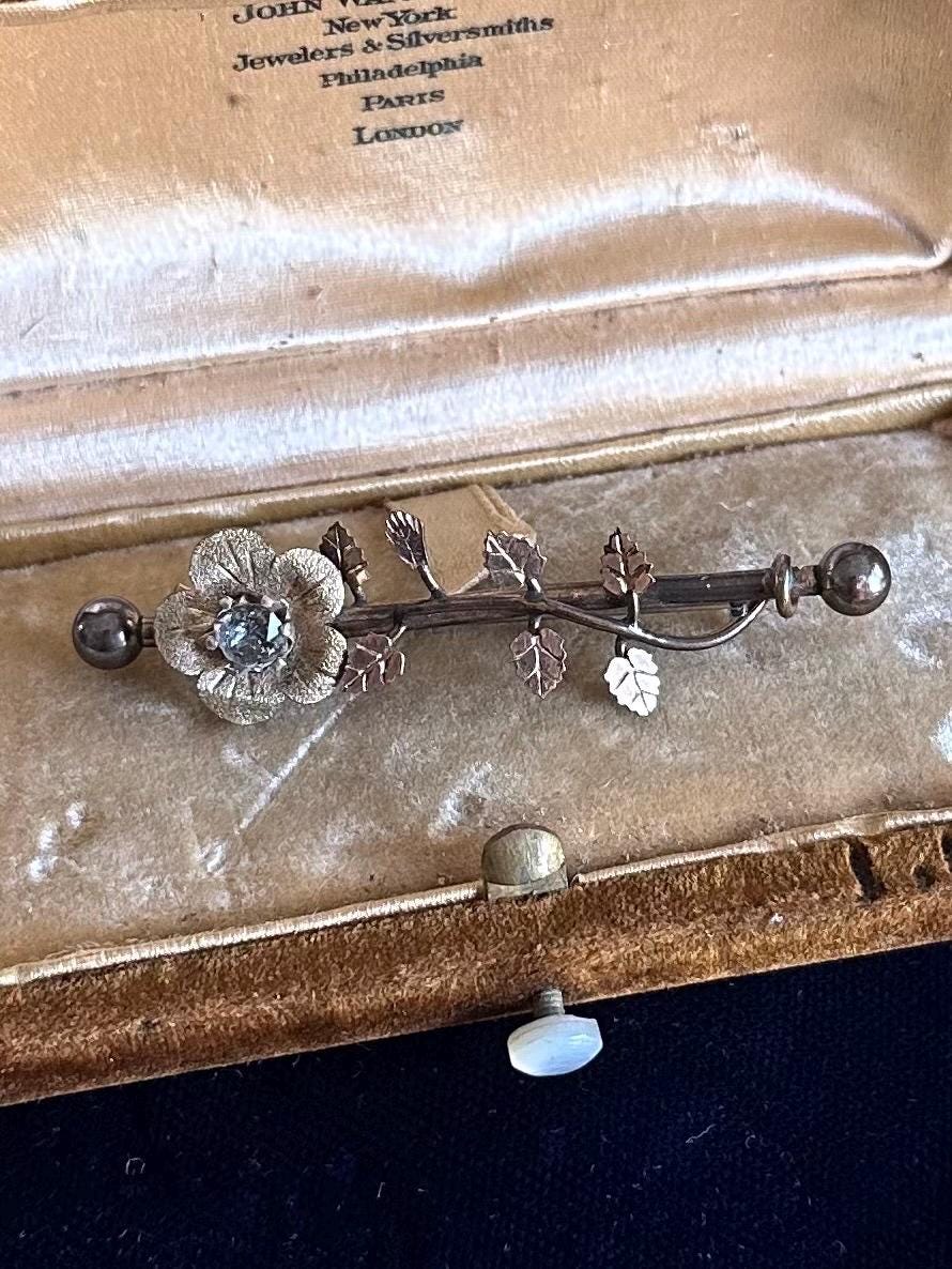 Antique Circa 19th Century Victorian Era Gold Filled Clear Paste Floral Leaf Vine Bar Pin Brooch C-Clasp