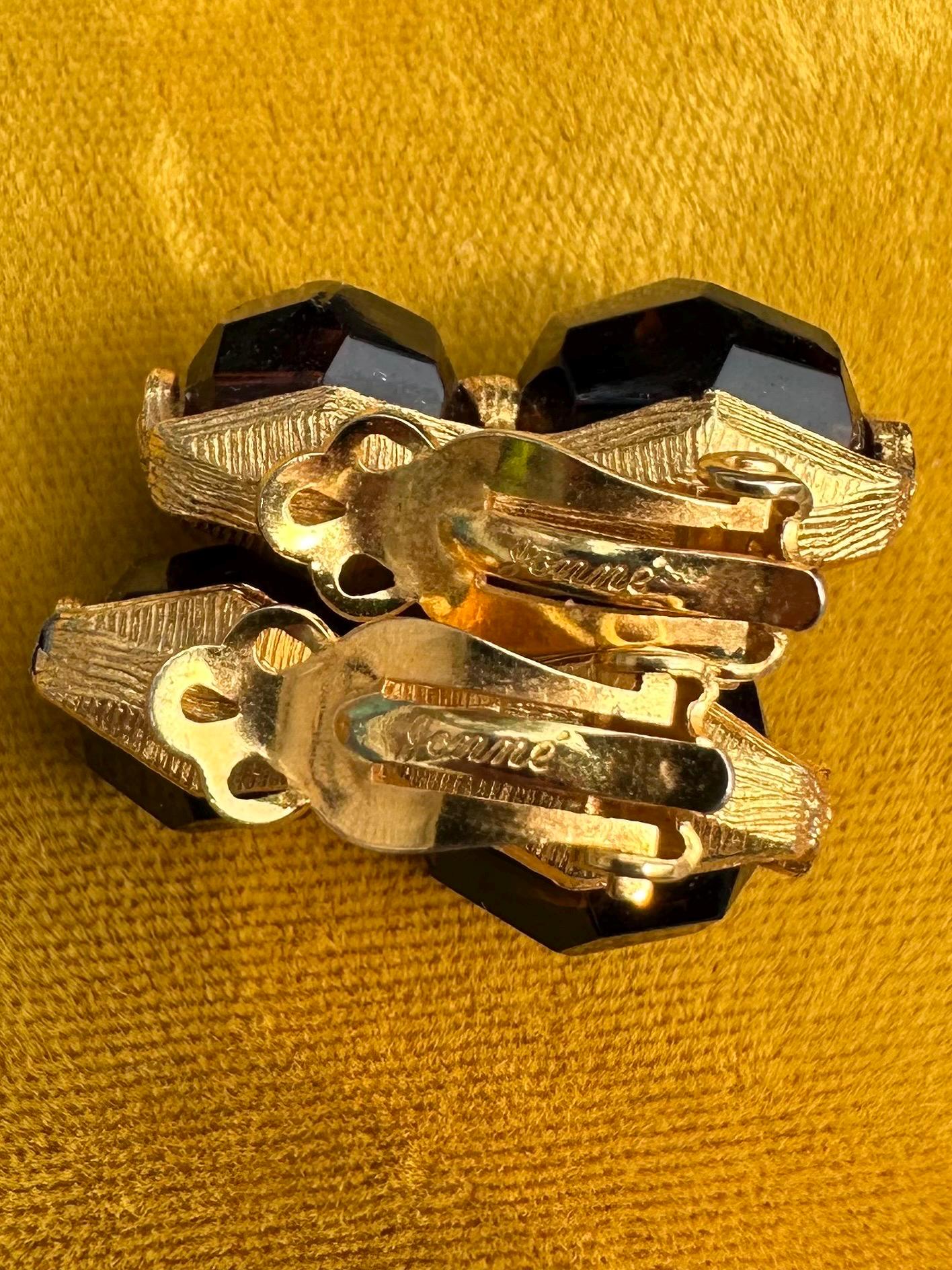 Vintage 1950s Signed JONNE Schrager Gold Tone & Brown Tortoise Faceted Glass Clip-on Earrings Midcentury