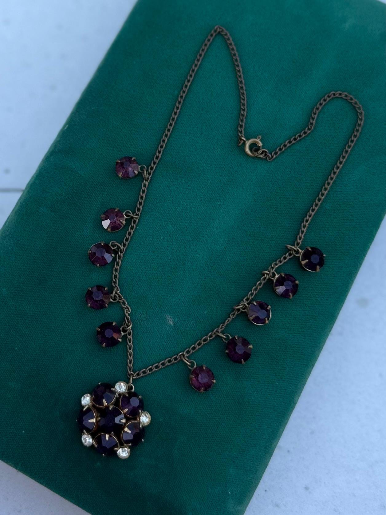 Antique Art Deco Faceted Purple & Clear Czech Glass Cluster Pendant Necklace 15.75” Circa 1930s Made in Czechoslovakia