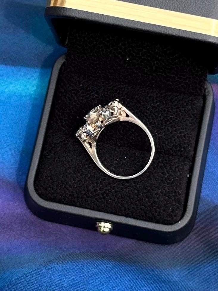 Vintage Circa 1950s Sterling Silver Simulated Diamond CZ Halo Cluster Floral Statement Ring US Size 6 3/4