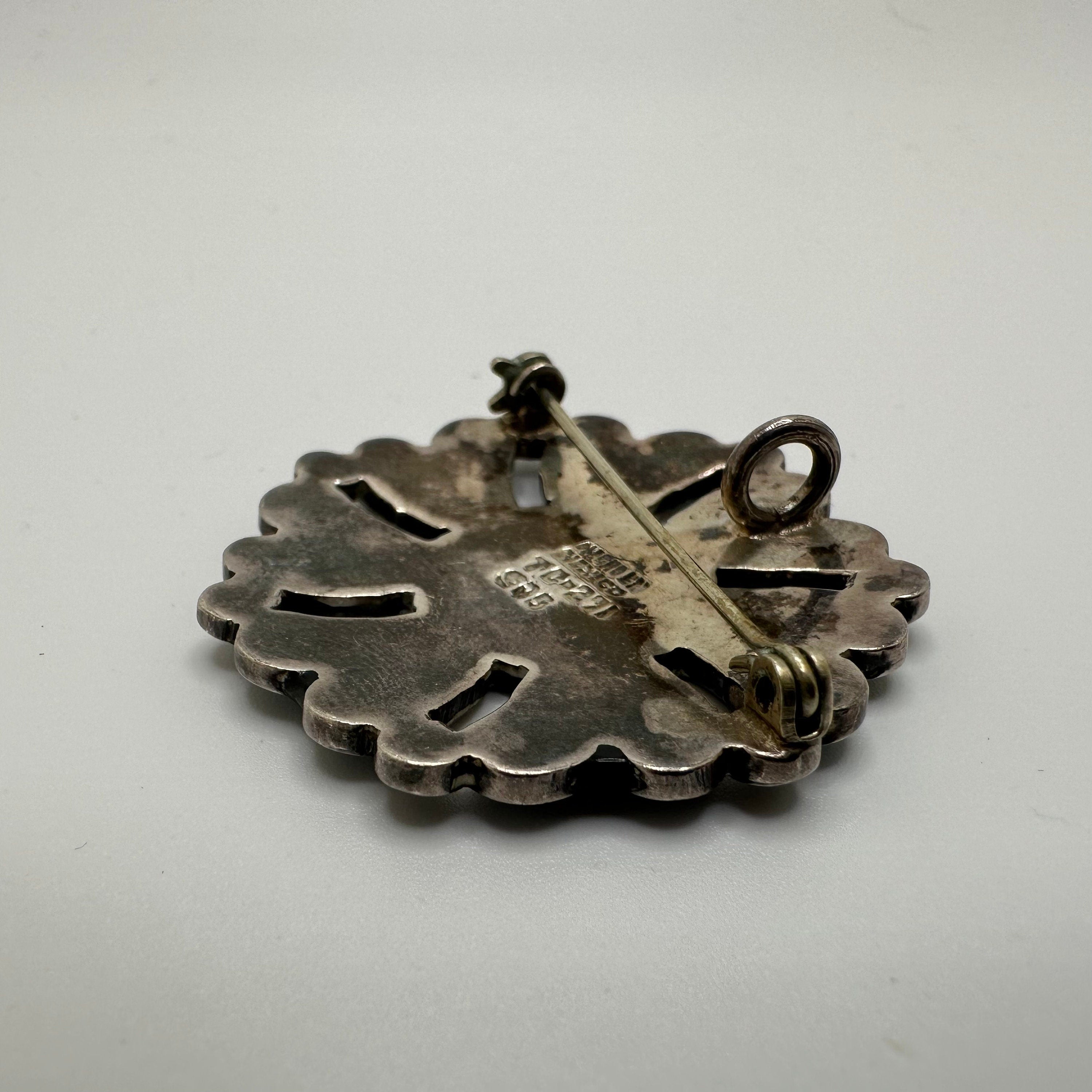 Vintage Signed 925 Sterling Silver Taxco Mexico Genuine Turquoise Inlay Aztec Calendar Pin Brooch