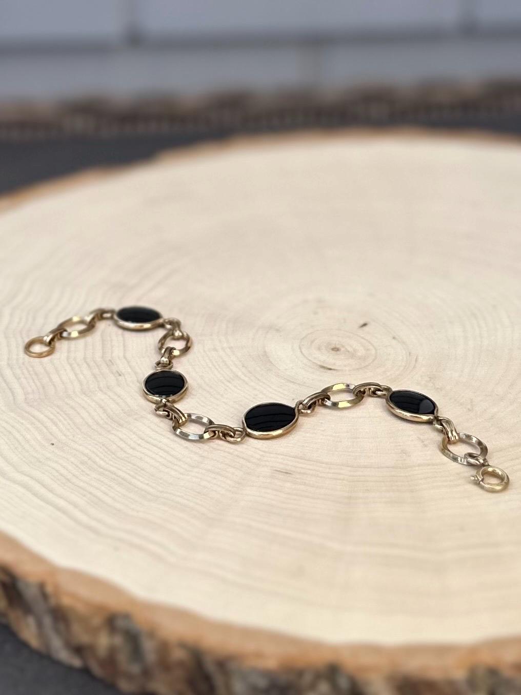 Vintage 1/20 12k GF Gold Filled & Polished Black Onyx Link Bracelet 7.25”