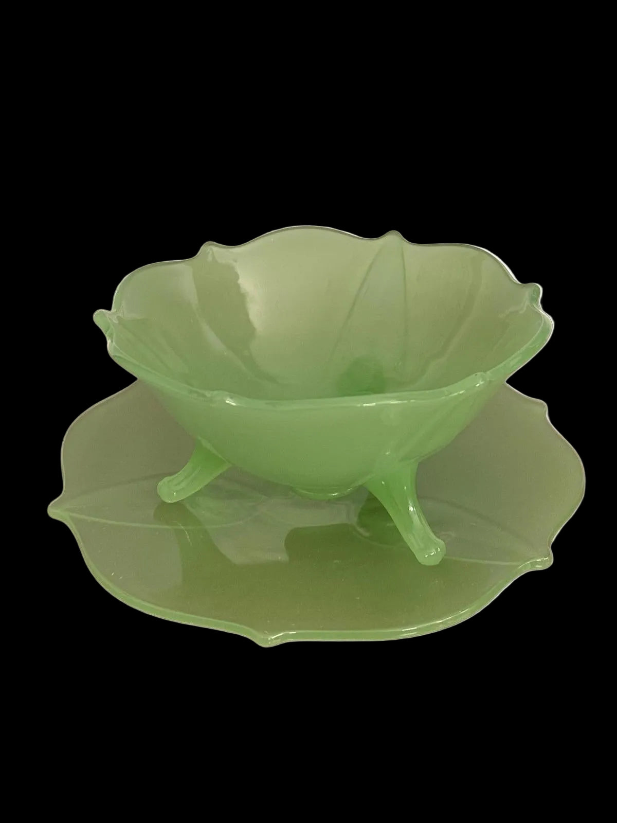 Vintage Jadeite Glass Lotus Footed Bowl & Footed Plate Set