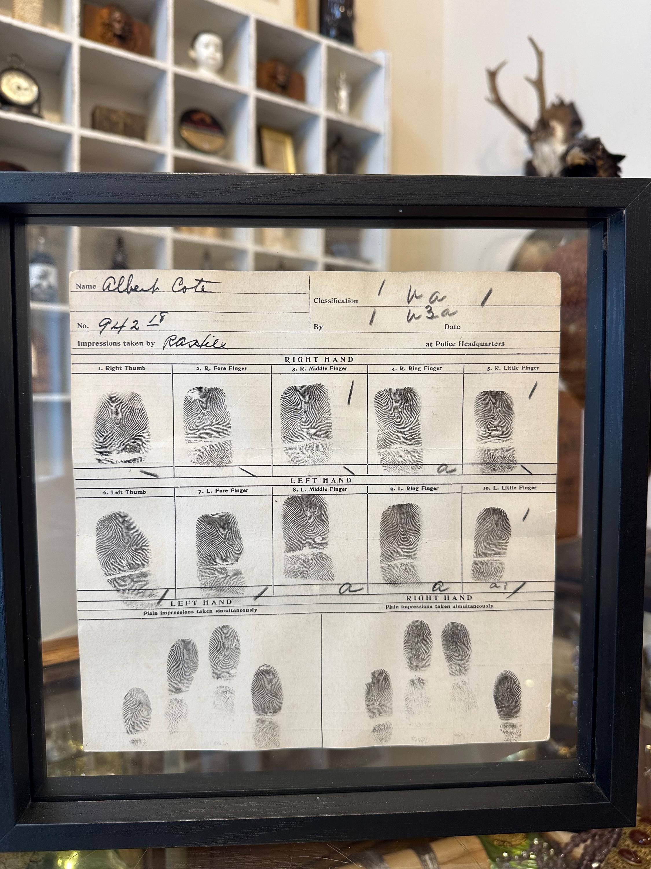 Double Sided Glass Framed Original Antique 1918 Bureau of Identification Mug Shot & Arrest Sheet for Albert Cote Burglary Westchester NY