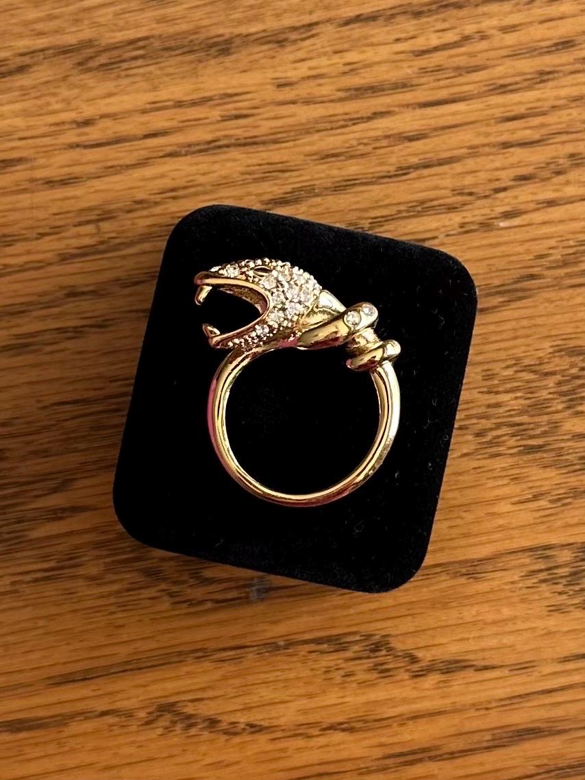Gold Tone Rhinestone Jewelled Snake Head Serpent Statement Ring US Size 8 1/2