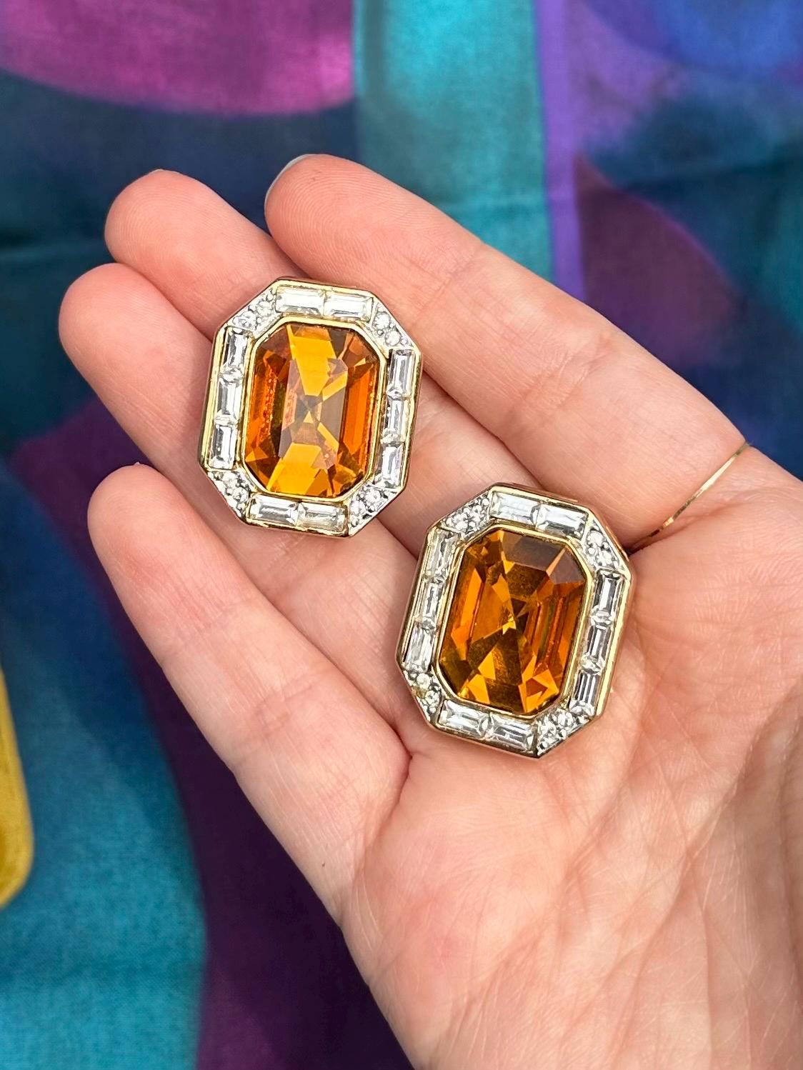 Vintage Signed LES BERNARD Large Faceted Orange Glass & Clear Rhinestone Gold Tone Octagonal Rectangle Statement Clip-on Earrings
