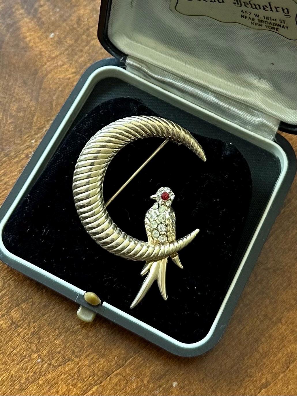 Vintage Unsigned Gold Tone Cresent Moon Clear & Red Rhinestone Jewelled Bird Brooch | Attributed to Joseph Mazer JOMAZ