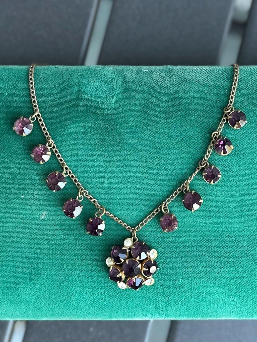 Antique Art Deco Faceted Purple & Clear Czech Glass Cluster Pendant Necklace 15.75” Circa 1930s Made in Czechoslovakia