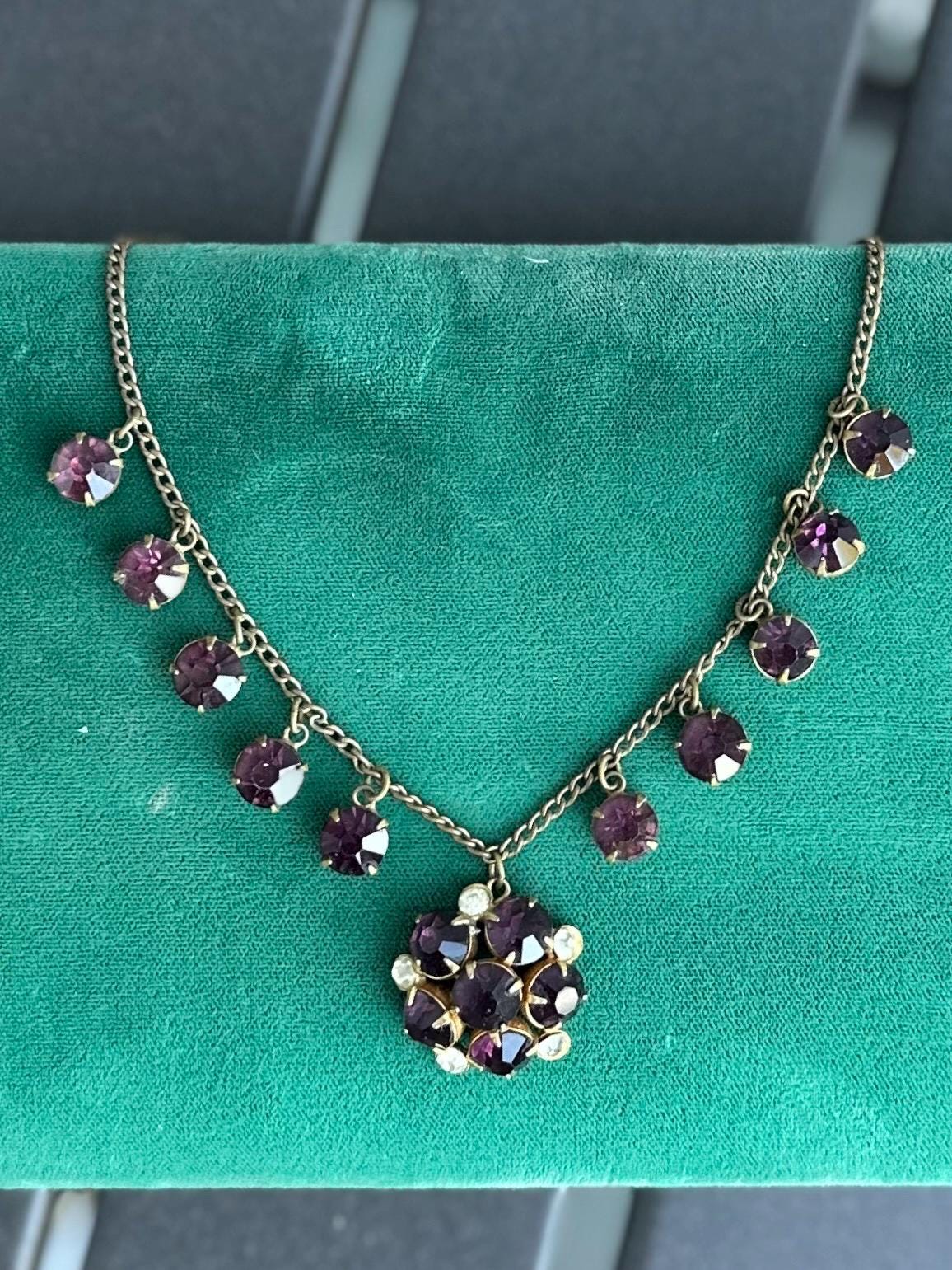 Antique Art Deco Faceted Purple & Clear Czech Glass Cluster Pendant Necklace 15.75” Circa 1930s Made in Czechoslovakia