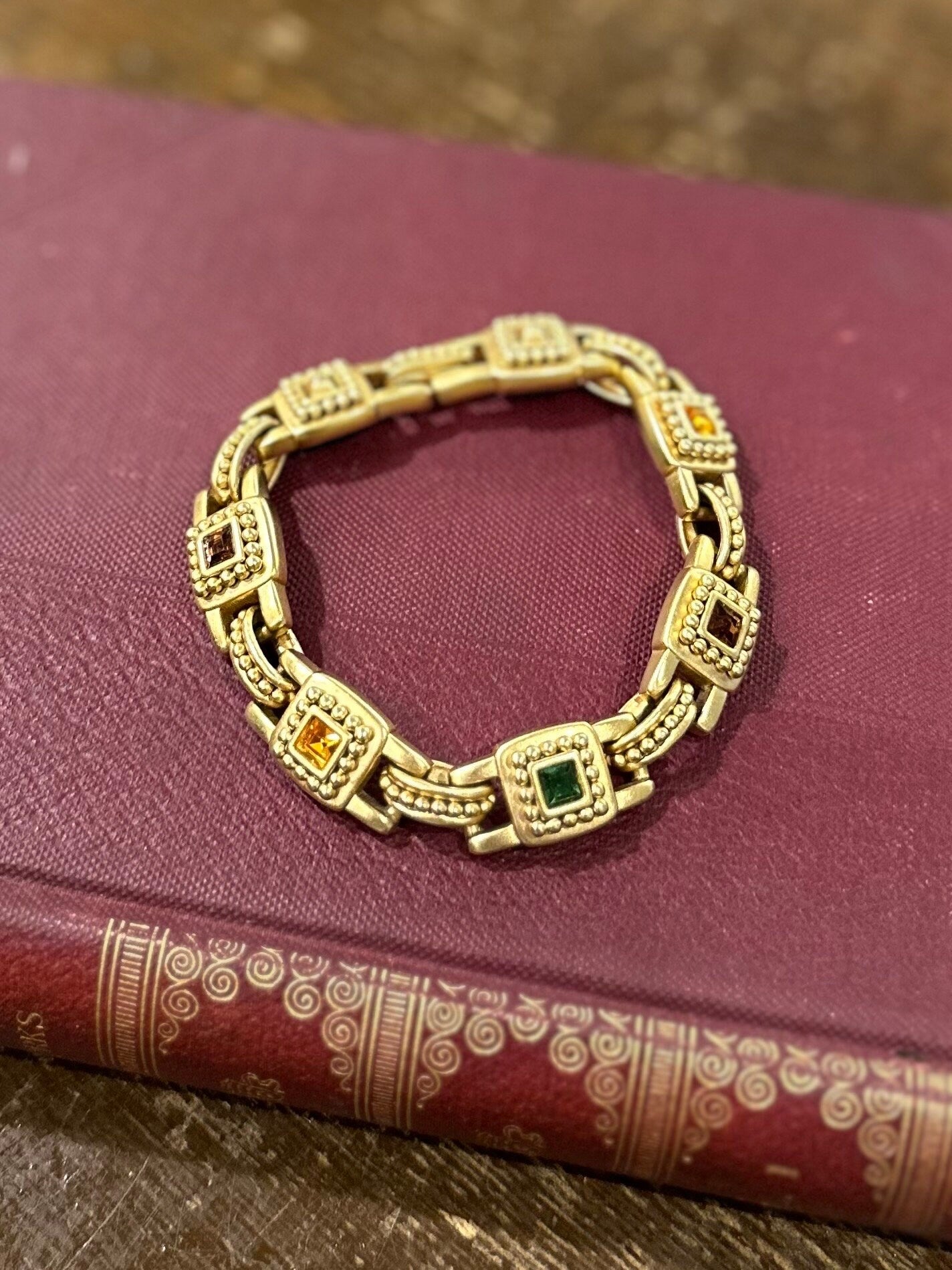 Vintage Oscar de la Renta Signed Byzantine Style Gold Tone Multicolor Faceted Square Rhinestones Link Bracelet 7.75"