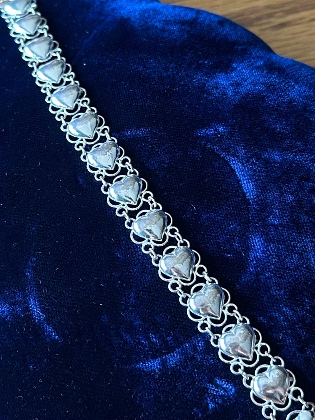 Vintage 925 Sterling Silver Puffy Hearts Open Link Bracelet 7.25"