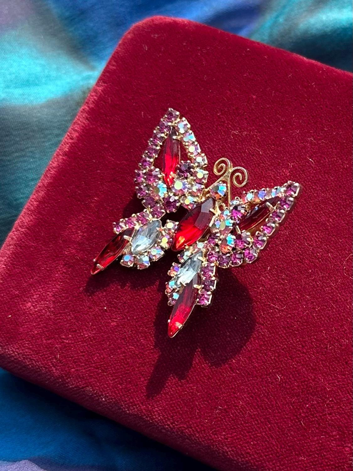Vintage Midcentury Red, Pink & Aurora Borealis AB Faceted Rhinestone Butterfly Brooch Gold Tone