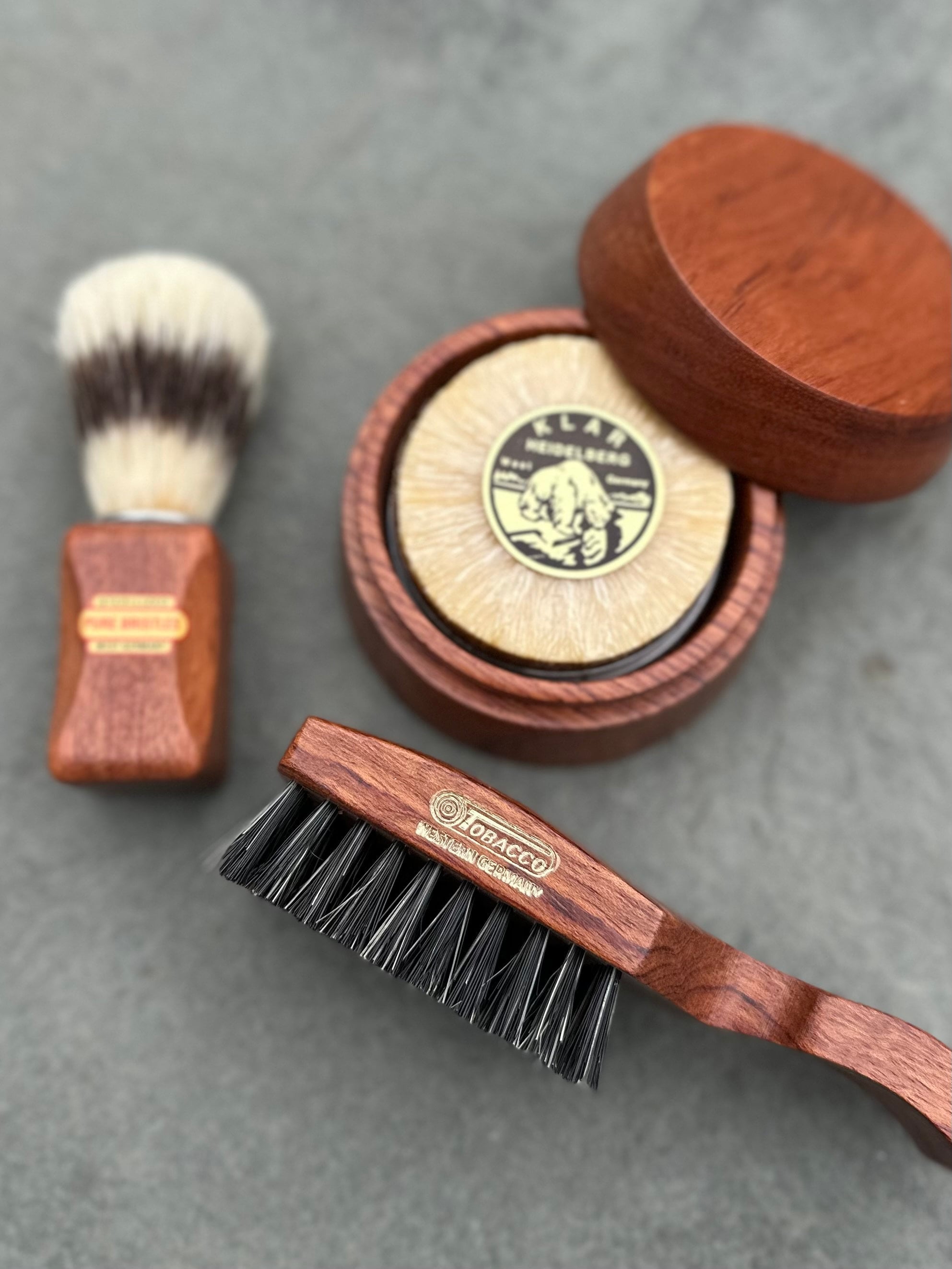 Vintage NEW West Germany Men's Wood Shaving Grooming Set | Boar Bristle Shaving Brush, KLAR Heidelberg Soap, Shaving Bowl, Tobacco Hairbrush